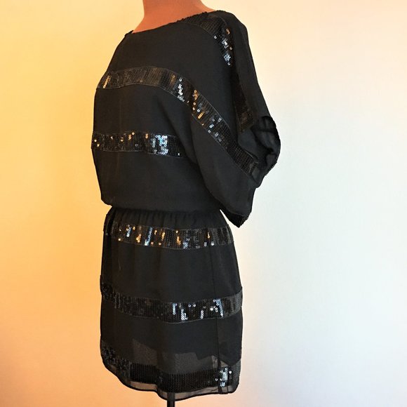 JESSICA SIMPSON Black Sequin Stripe Blouson Dress - Picture 4 of 10